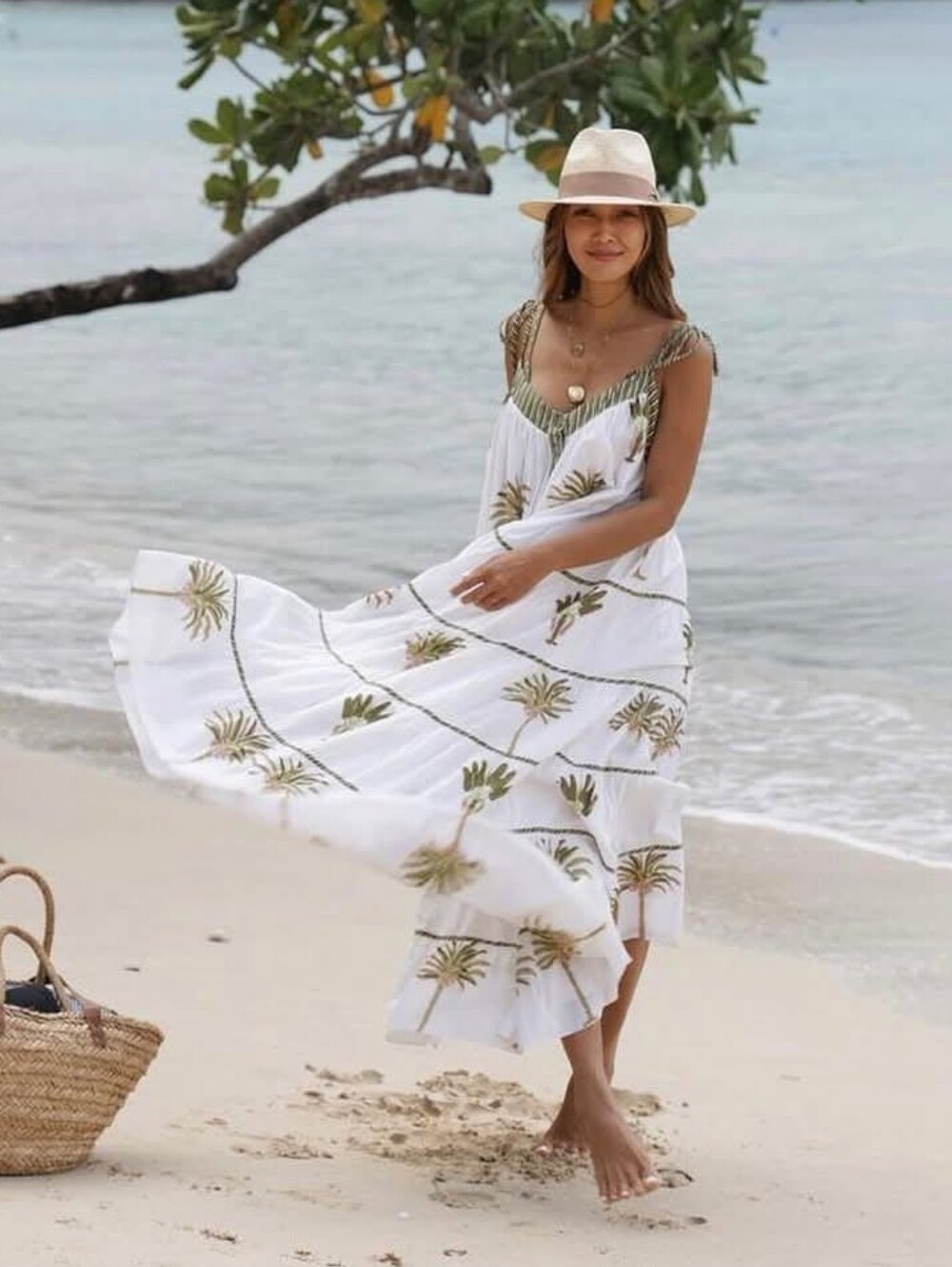 Charina Sarte Palma Palm Print Tier White Green Dress Sz S